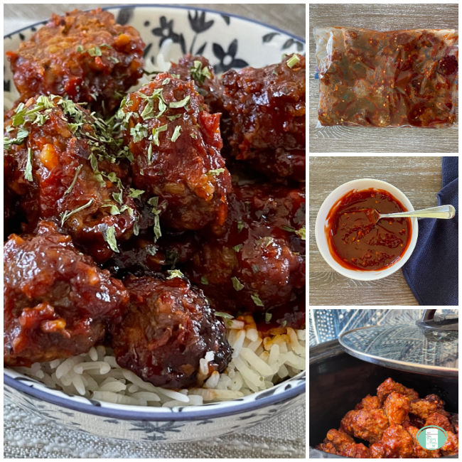 collage of freezer to slow cooker meatballs