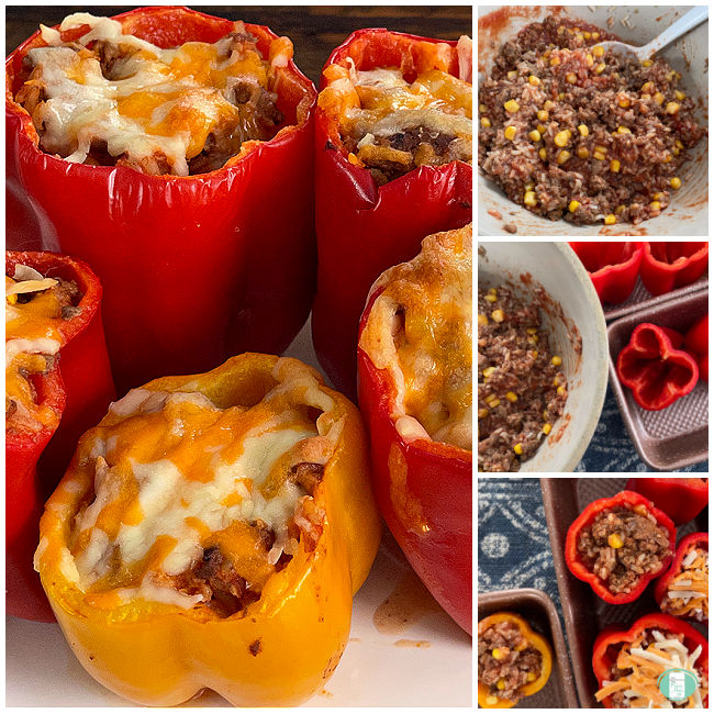 collage of photos of bell peppers being stuffed and then topped with cheese