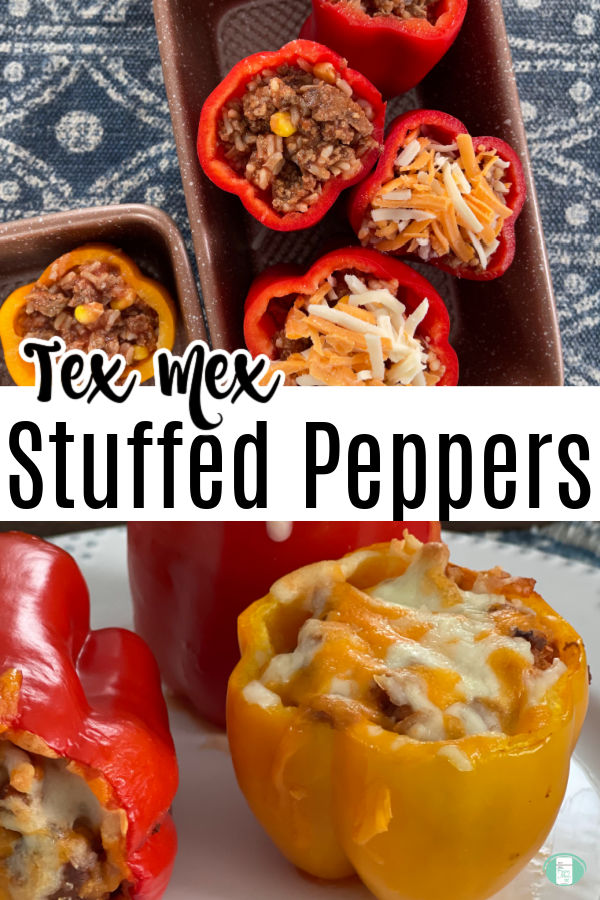 red and yellow peppers stuffed with filling and topped with cheese