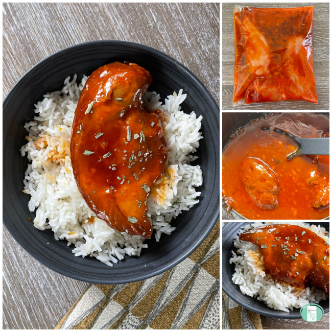 collage of photos showing chicken from freezer bag to slow cooker to plate on rice