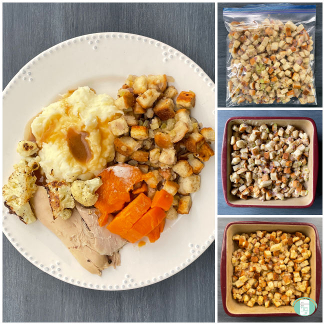 collage of photos of stuffing and a Thanksgiving dinner plate