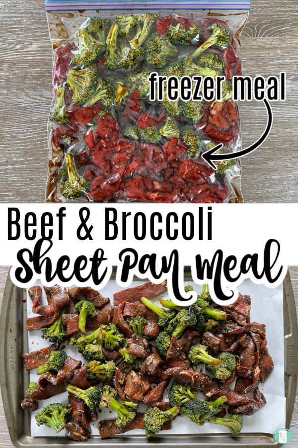 freezer bag with beef and broccoli and then the ingredients laid out on a cookie sheet