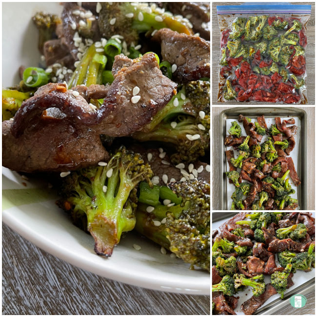 collage of photos of cooking beef and broccoli on a sheet pan