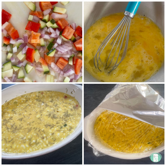 the process of making a frittata from cutting the vegetable to whisking the eggs to pouring it in a dish