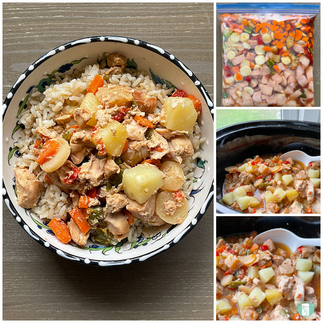 collage of photos of pineapple chicken and vegetables going from freezer bag to crock pot to bowl