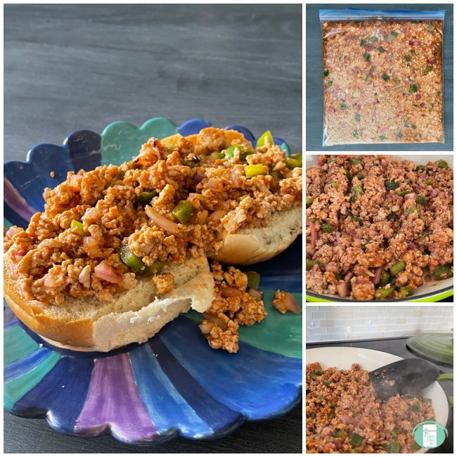 collage of photos of a freezer meal ground chicken sloppy joes being cooked and served