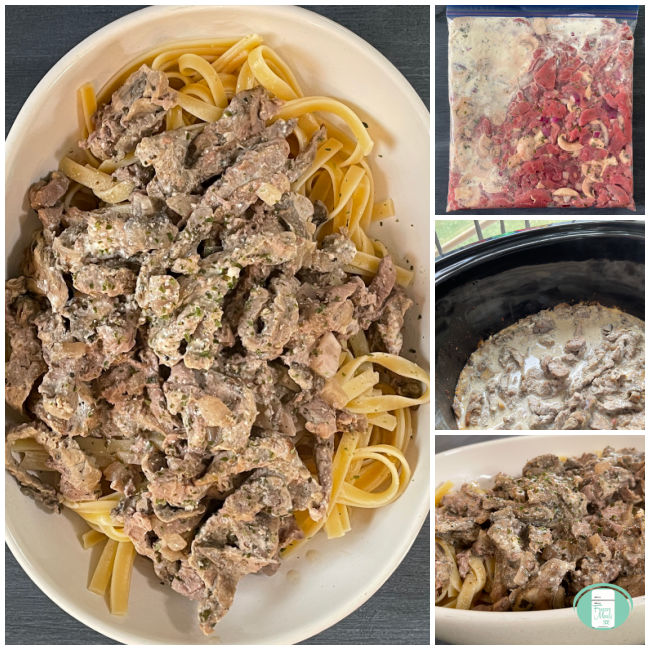 collage of photos of beef strips in freezer bag, then slow cooker, then in dish on pasta