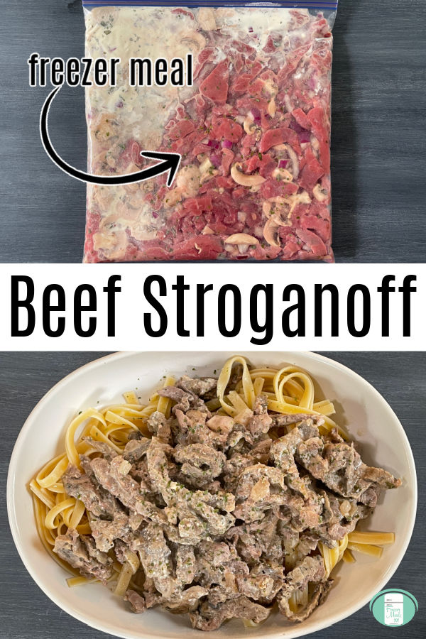clear bag with raw meat and sauce and a white dish with noodles topped with beef stroganoff