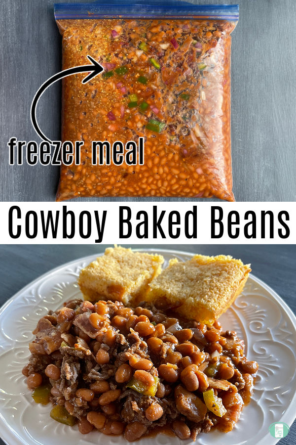 clear bag with beans mixture in it and then beans on a white plate next to cornbread