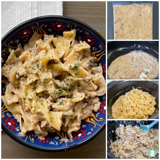 process of making and serving stroganoff made with ground chicken