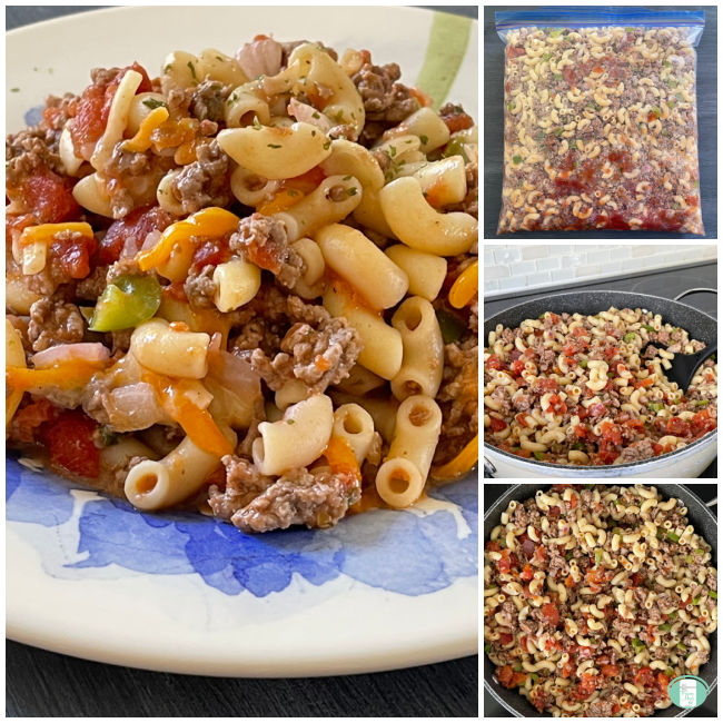 collage of photos of macaroni goulash from freezer bag to skillet to plate