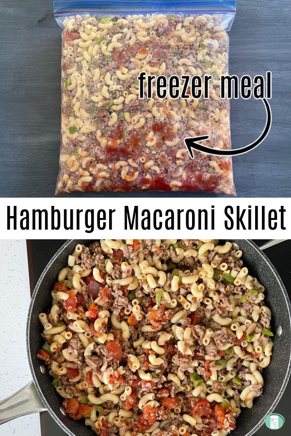 clear bag with macaroni and hamburger in it and then that meal in a skillet