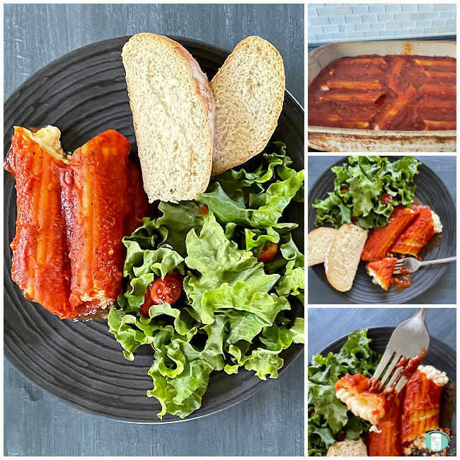 plate with two slices of bread, two manicotti, and salad