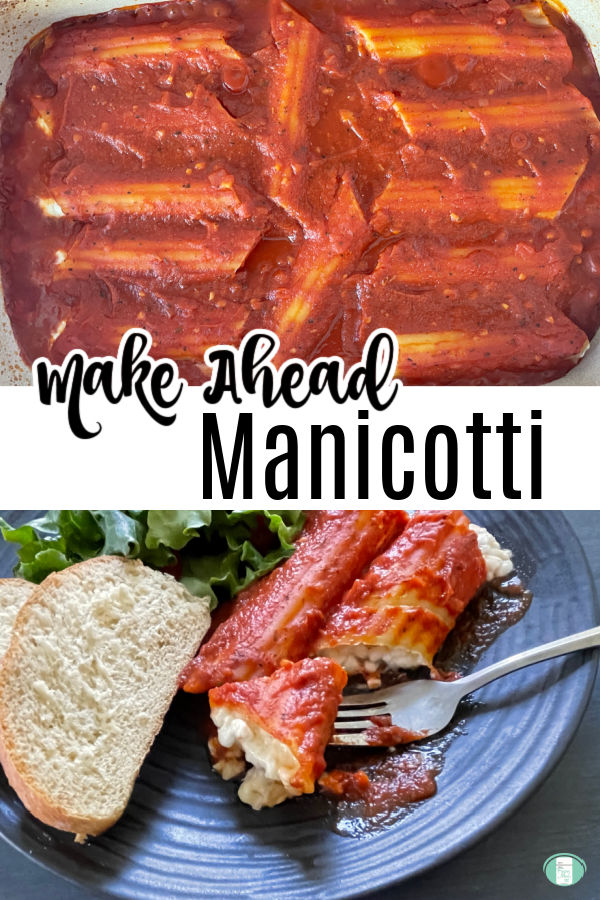 casserole dish with manicotti in red sauce and two manicottis on a plate