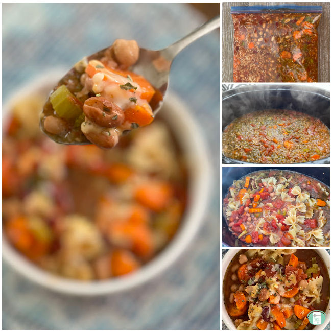 collage of photos of minestrone soup from freezer bag to slow cooker to bowl