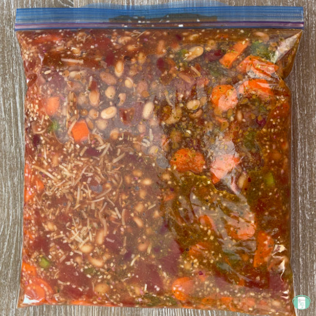 ingredients for soup in a clear plastic bag