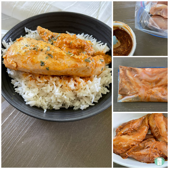 collage of photos of chicken marinating then cooking then served on rice