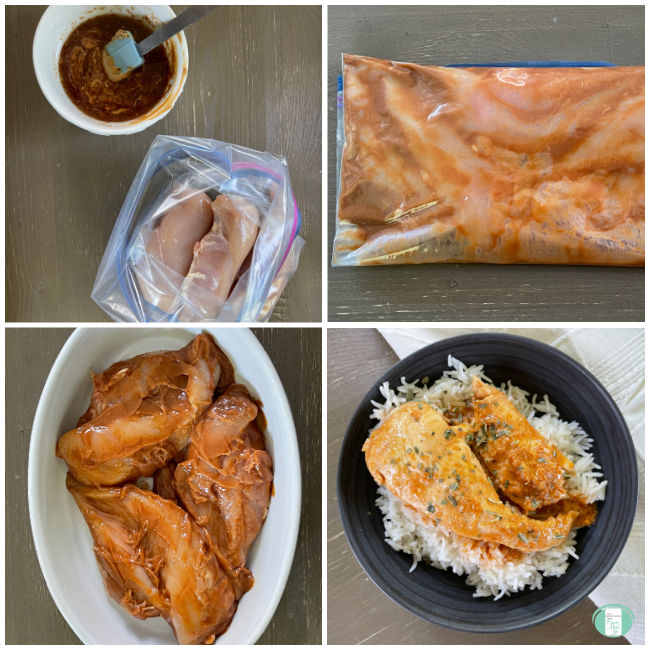 collage of photos of preparing and serving sticky chicken over rice