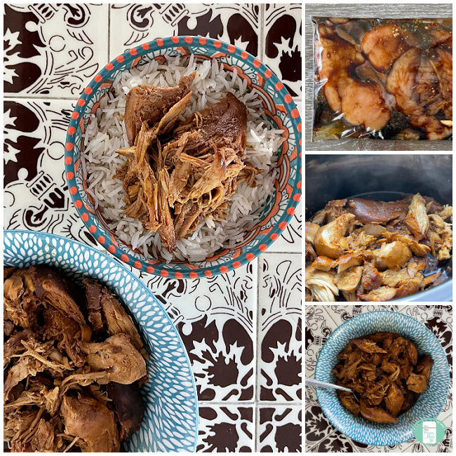 collage of photos of teriyaki chicken marinating then being cooked and served