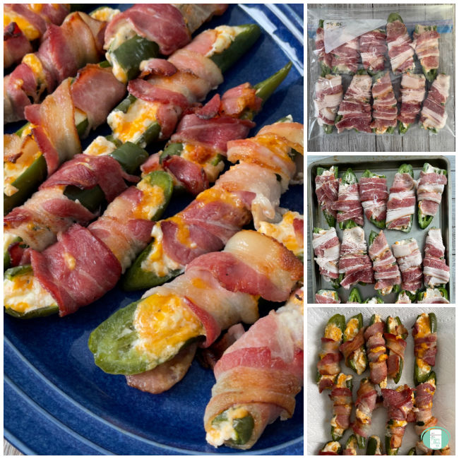 collage of freezer to oven bacon wrapped jalapeño peppers