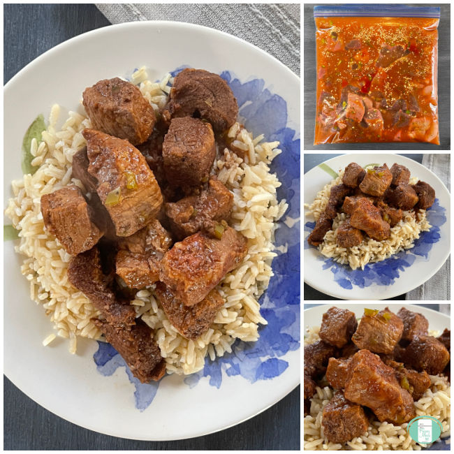 freezer bag with beef cubes and then the cooked beef cubes on rice