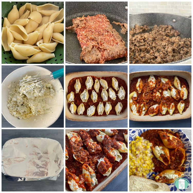 collage of photos of the process of making stuffed pasta shells