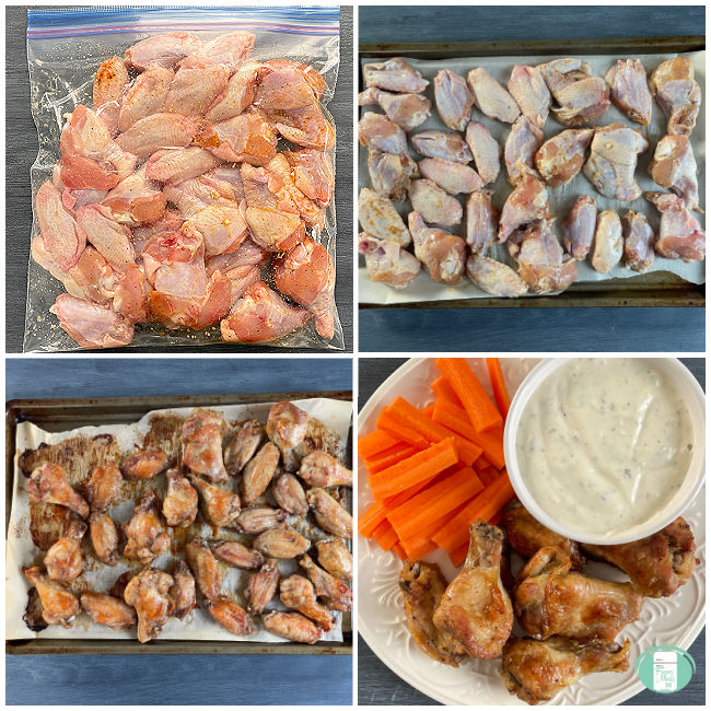 raw chicken wings on cookie sheet then cooked wings on tray and on a plate