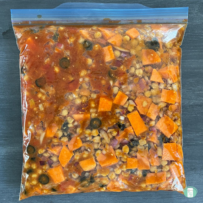 bright coloured stew in a clear bag