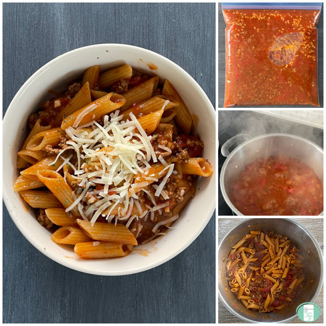 meat sauce in freezer bag, then in pot, then pasta mixed in and served in a bowl