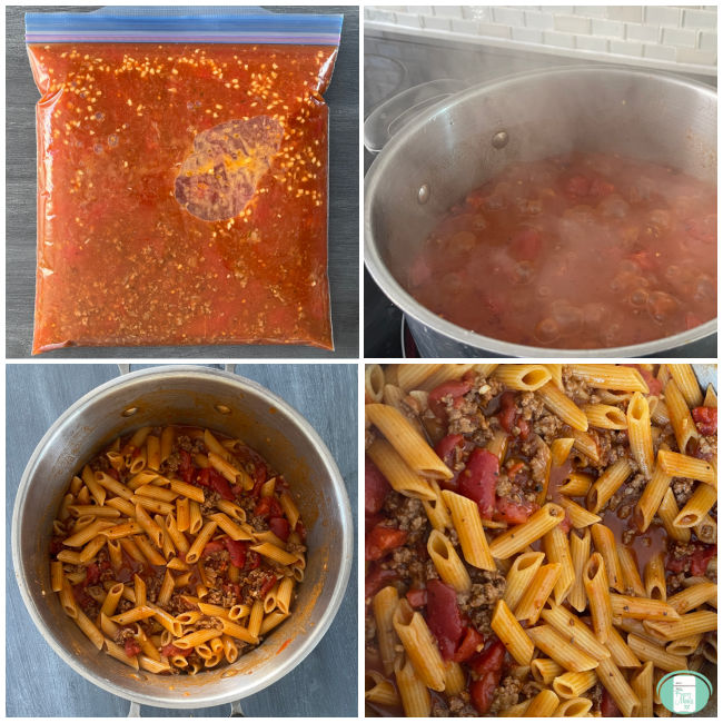 freezer bag with sauce, then sauce in pot, then pasta added and cooked pasta in sauce