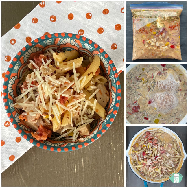 freezer bag, then liquid in skillet, then pasta in skillet, and pasta in a bowl