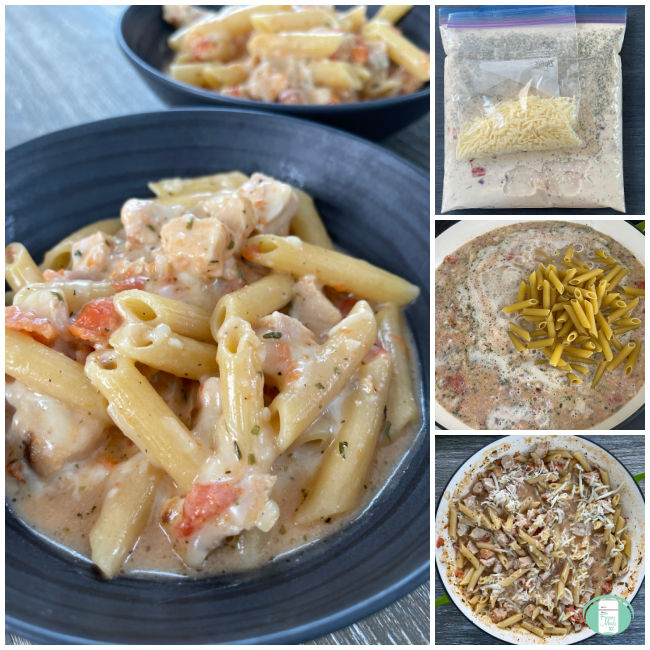 process of freezer meal from bag to skillet to pasta mixing it to being served