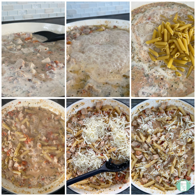 skillet with bubbling sauce, then pasta being added and cheese added