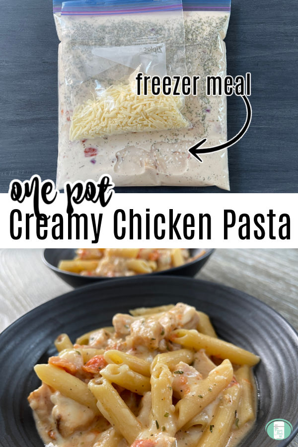 sauce in clear freezer bag and chicken, pasta, and sauce in black bowl