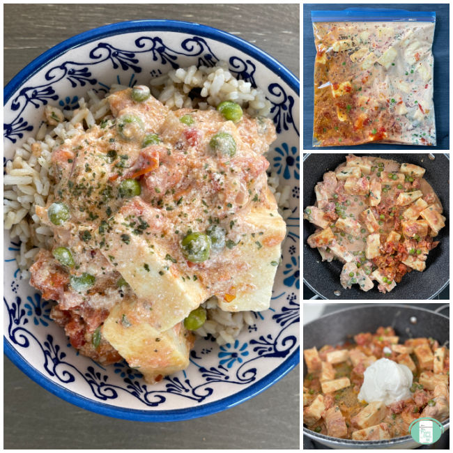 collage of photos of paneer dish from freezer meal to skillet to plate