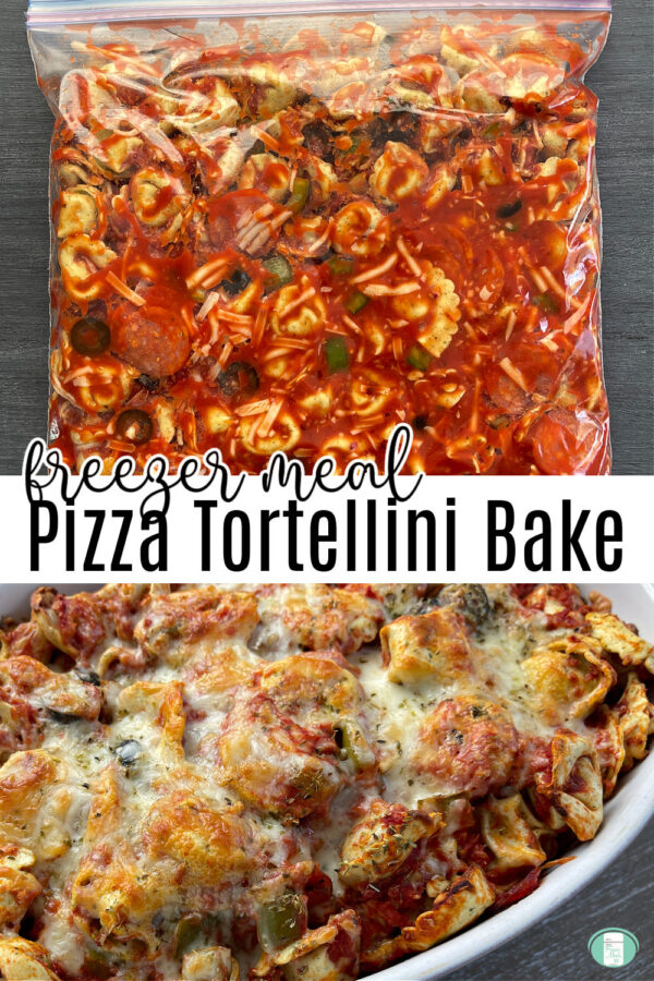tortellini in red sauce in a clear bag and baked tortellini in a dish