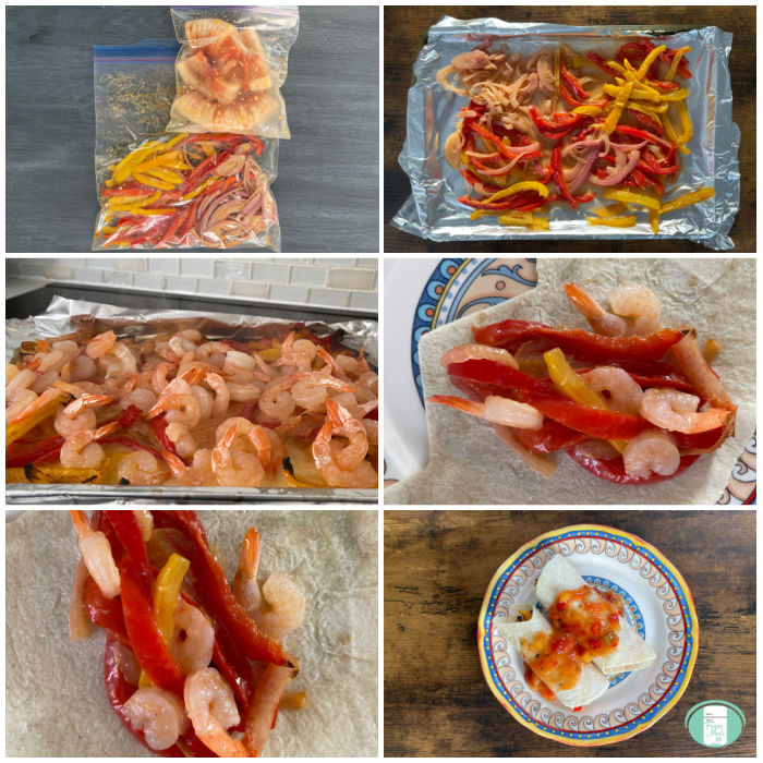 process of ingredients for shrimp fajitas going from freezer bag to sheet pan to plate