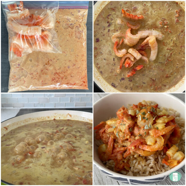 process of cooking shrimp in sauce in skillet and serving in bowl