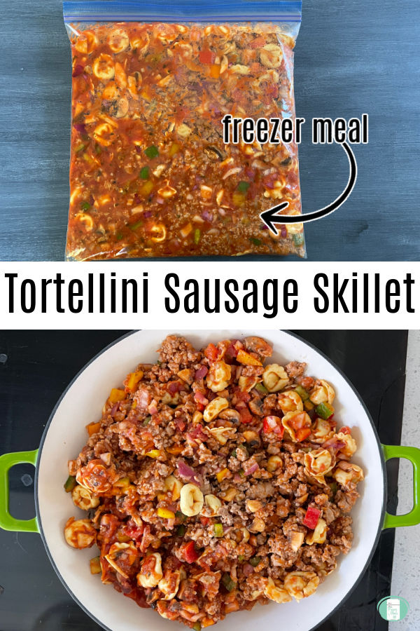 bag with food and sauce in it and a skillet with tortellini, meat, and vegetables