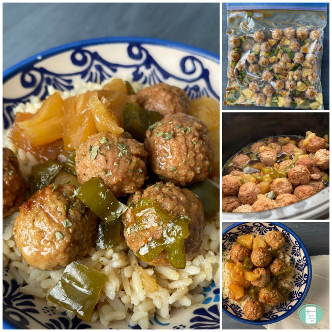 collage of photos of meatballs from freezer bag to slow cooker to plate