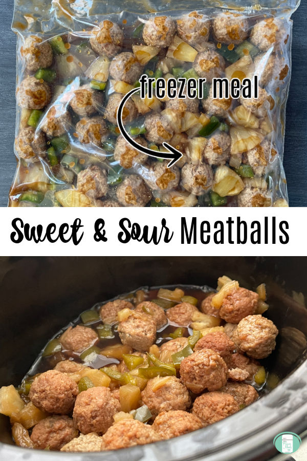 clear bag with meatballs and pineapple and the same in the slow cooker