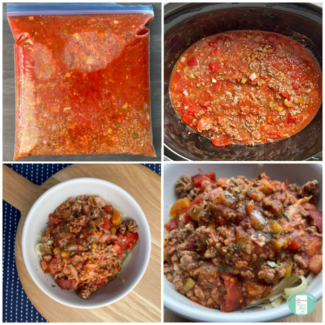 process of sauce going from freezer bag to slow cooker to on pasta in a bowl