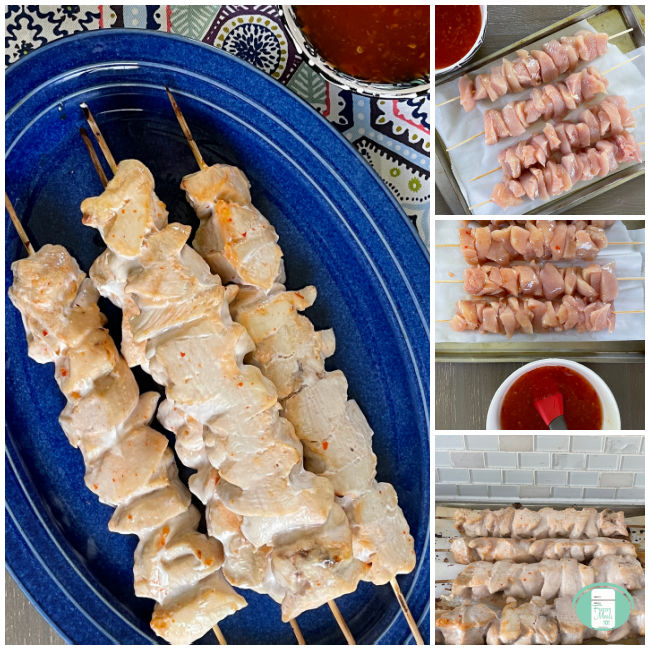collage of photos of chicken kabobs from raw to cooked