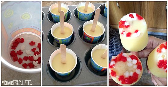 pudding set in paper cups that are set in a muffin tin with popsicle sticks inserted in them