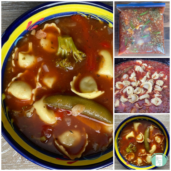 collage of photos of tortellini soup from freezer bag to slow cooker to bowl