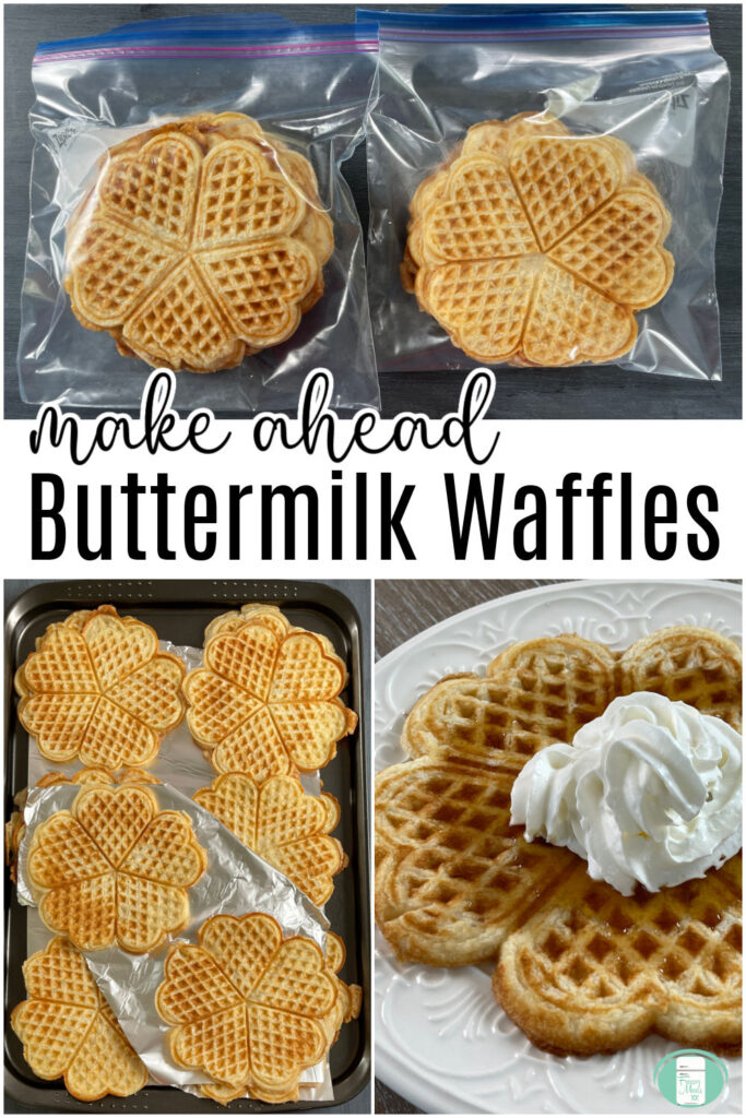 waffles in freezer bag, on a cookie sheet, and on a plate topped with whipped cream