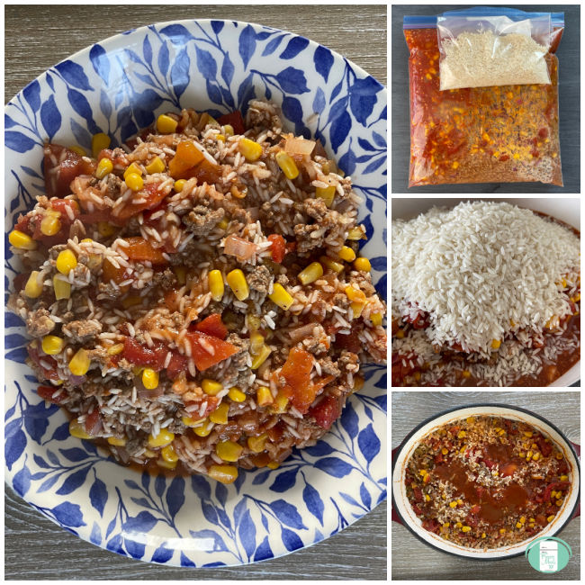 bowl with ground beef, rice, tomatoes, and corn and photos of the process of making that meal