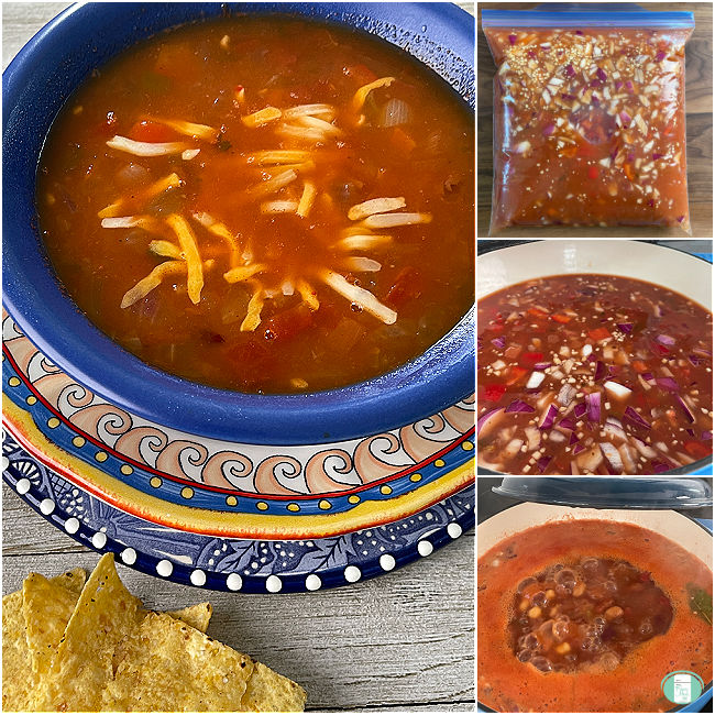 collage of photos of soup in clear bag then in a pot then in a bowl