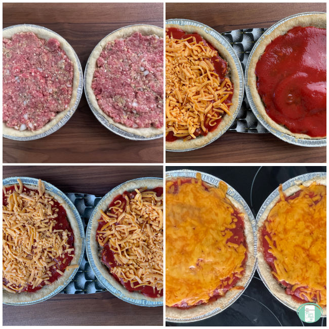 raw meat in pie, then topped with tomato sauce and cheese, then baked so cheese is melted