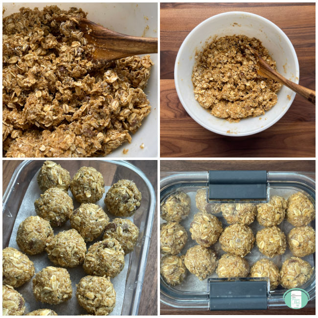 energy ball dough in a bowl with a wooden spoon and the dough shaped into balls